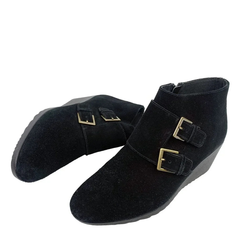 MUNRO Drew Black‎ Suede Double Strap Wedge Booties